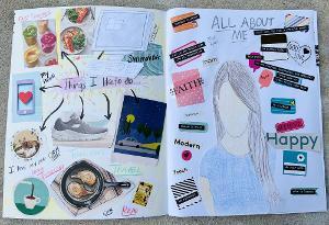 Journal pages with drawings of favorite activities on left; right page titled “All About Me” with words, stickers, and a faceless portrait.  / On these days, students were creating "All About Me" pages. We used magazine clippings and stickers to find words that described ourselves. They loved being able to create collage pages.  