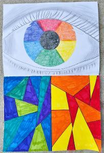 Drawing of an eye with rainbow-colored iris above geometric pattern in warm and cool tones.  / This is an example of us practicing our basic color rules in art. Their task was to create a color wheel and then a page with warm and cool colors.  