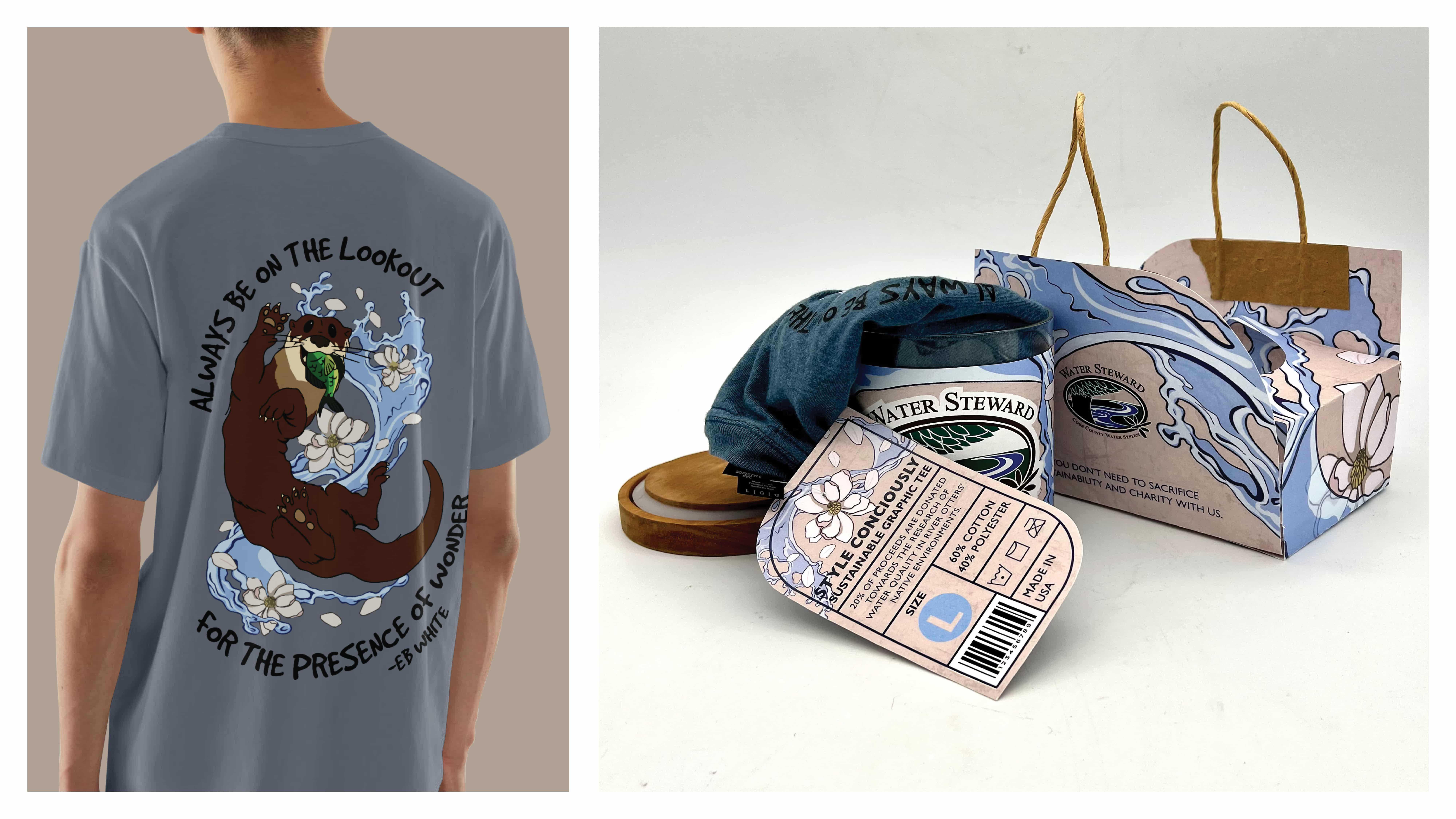  / Grace Holley “Cobb County Watershed Stewardship”, T-shirt design and packaging, sizes vary, 2024. This was created for Cobb County Watershed’s volunteers to promote their mission to cultivate environmental awareness. 
