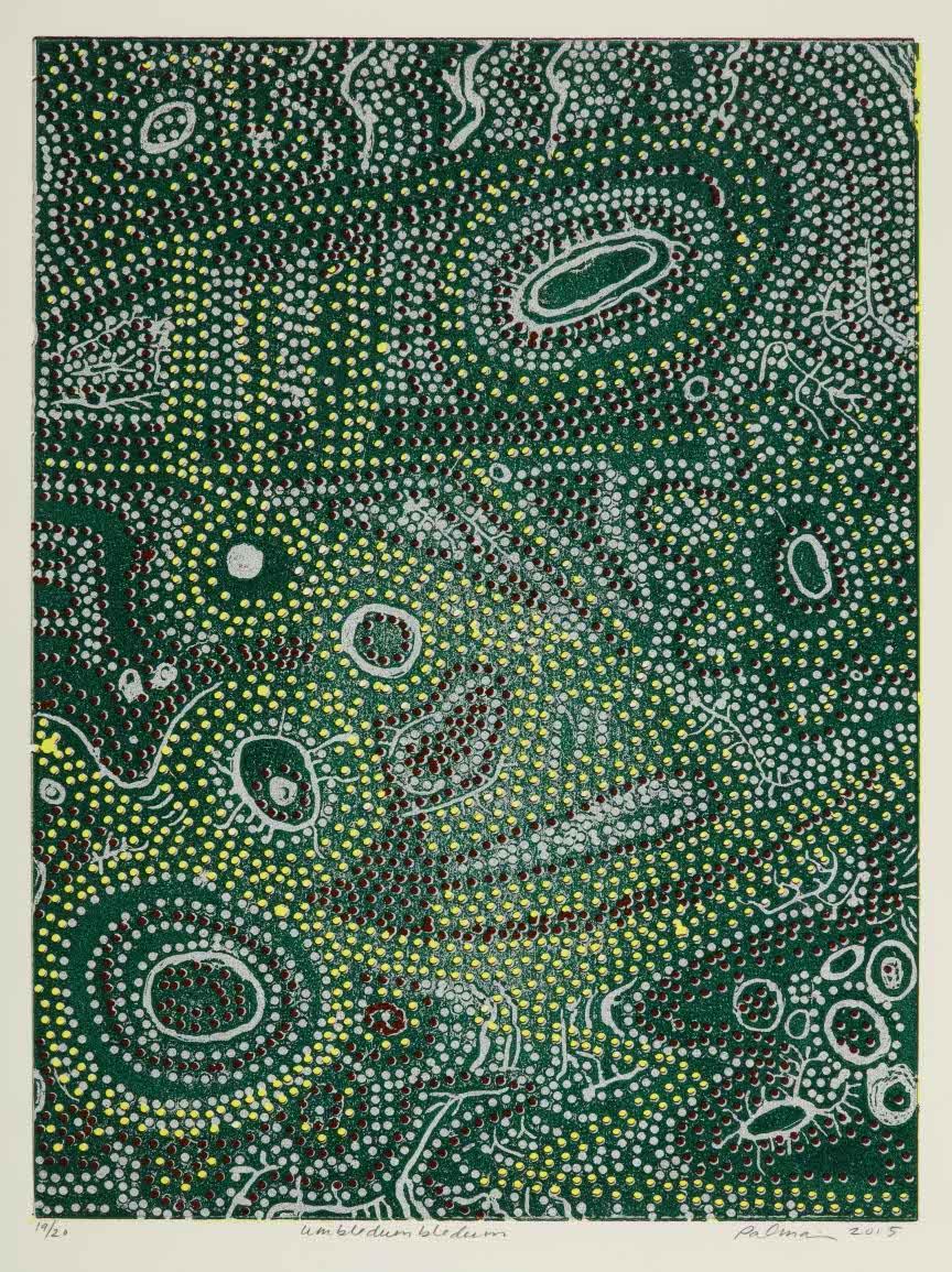 Palmarin Merges / Palmarin Merges Umbledumbledum, 2015. From the portfolio, The World Between: Encounters with Print, Through Print. Ink on paper, woodblock relief. Gift of the artist 2016.14.1g © Bernard A. Zuckerman Museum of Art, Kennesaw, GA 