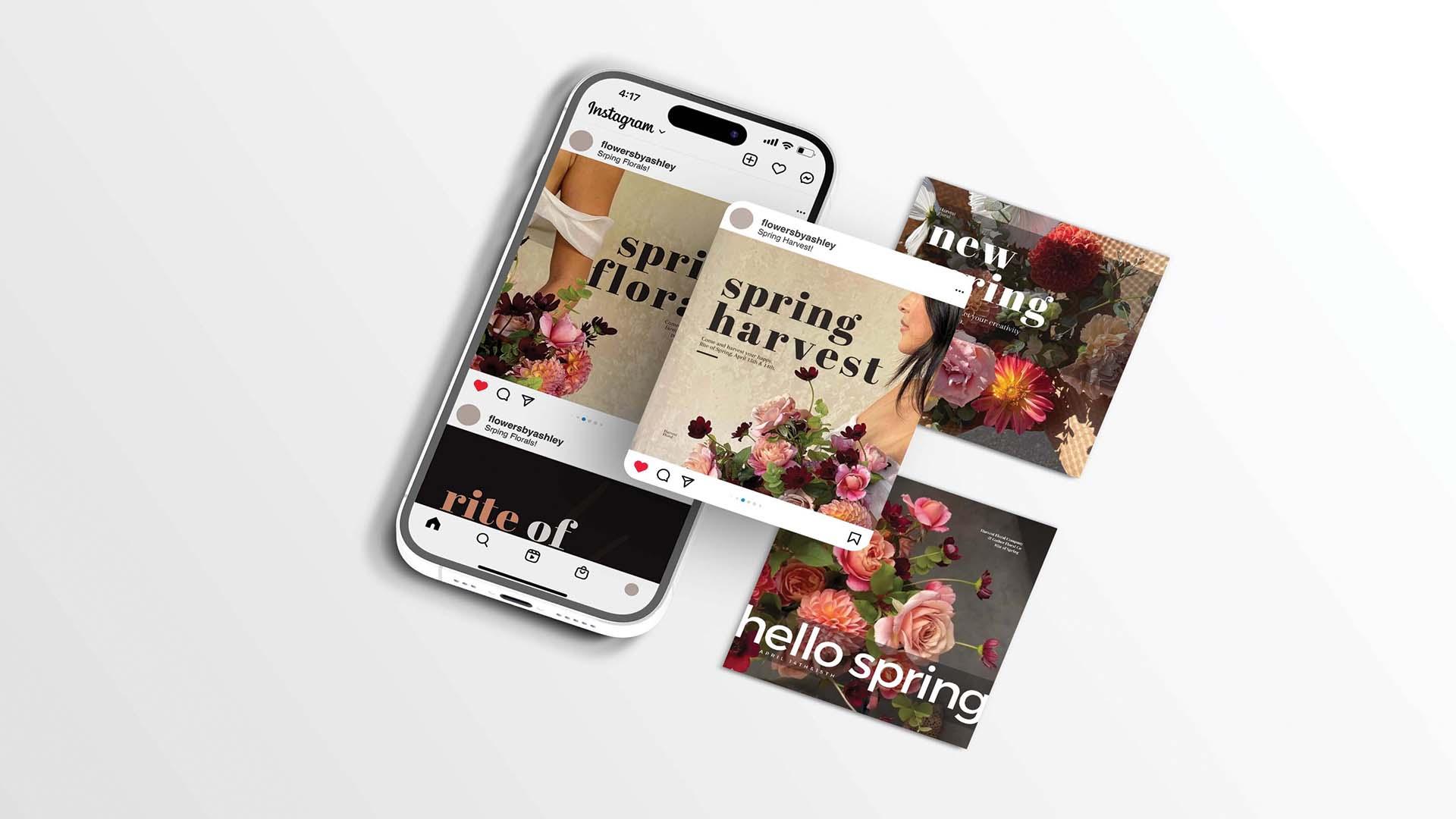 Spring Harvest  / “Spring Harvest,” instagram post design, 1080 x 1080 pixels, 2022. This group of Instagram post provides a brief overview of the aesthetic of of the business. 