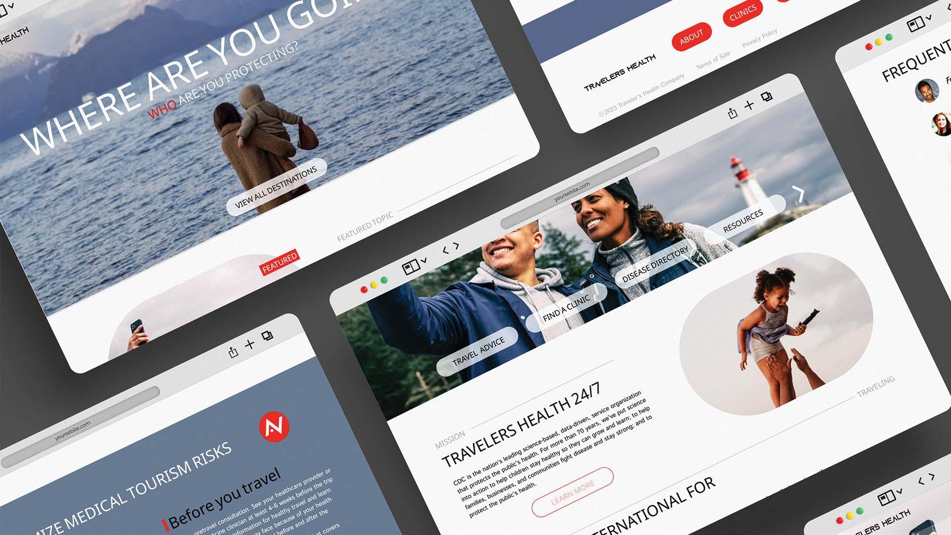 Travelers Health Website  / “Travelers Health Website,” website design, 1668 x 4376 pixels, 2023. This layout introduces the demographic of this website to in-depth information about travelers health. 