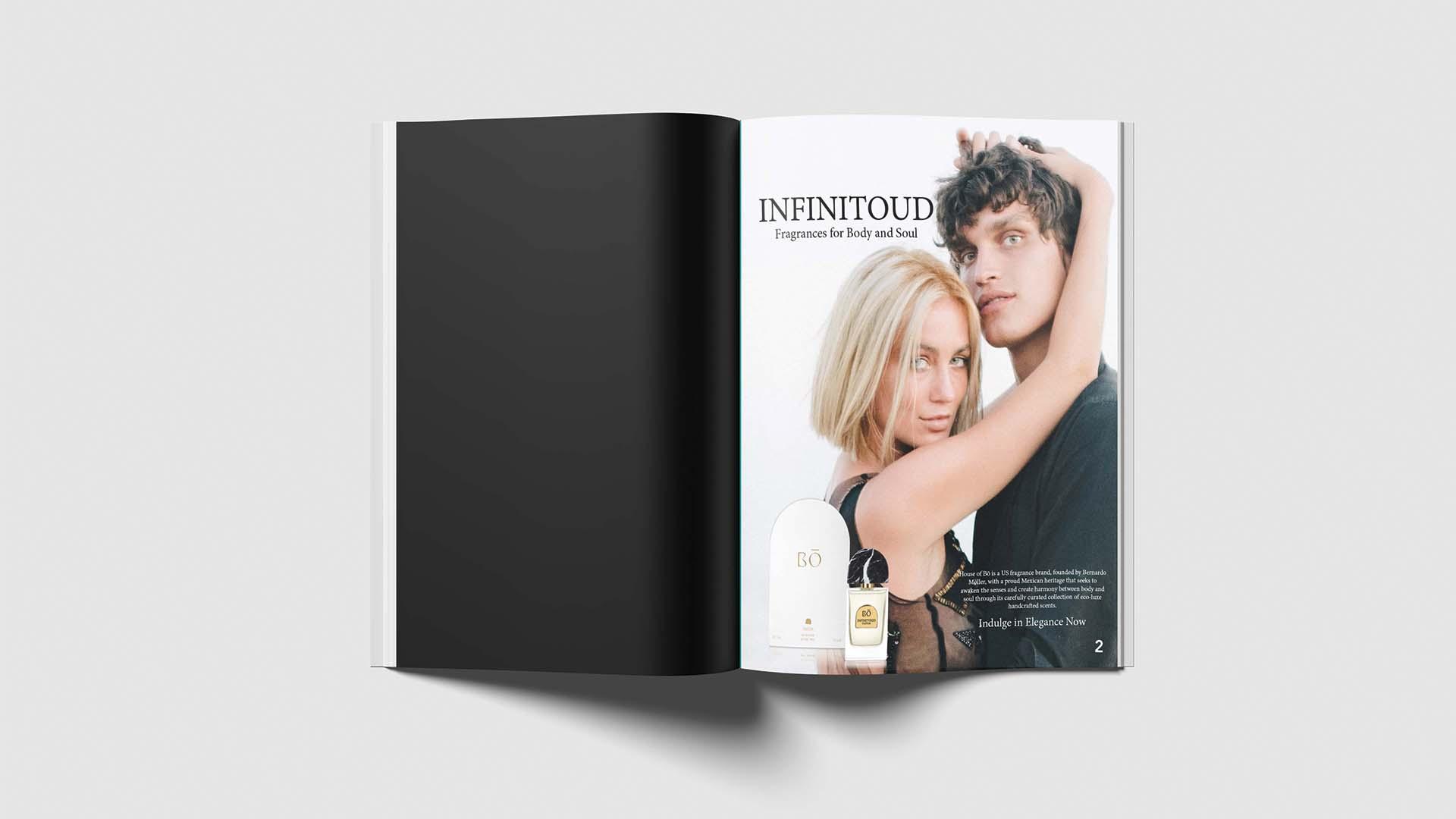 Infintoud Ad  / “Infintoud Ad,” publication design/magazine spread, 11 x 17 inches, 2023. This ad introduces the demographic of this magazine to the perfume. 