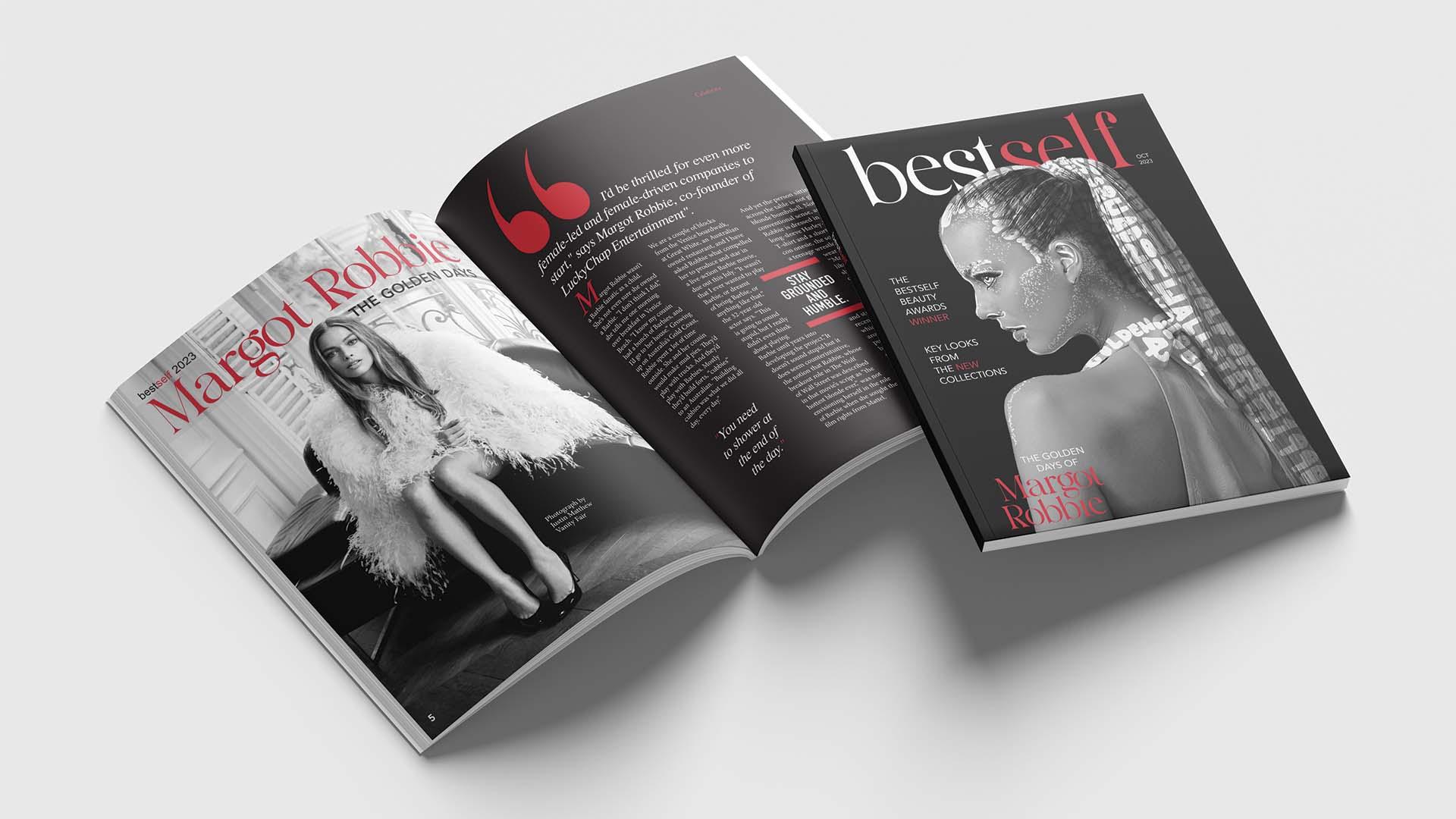 Margot Robbie Magazine  / "Margot Robbie Magazine," publication design/magazine spread, 11 x 17 inches, 2023. This magazine spread provides a unique artistic hand drawn twist, all while giving in-site to Margot Robbie's life. 