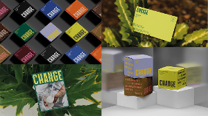 CHANGE  / "CHANGE," packaging and postcard ad, 2023. CHANGE is a nutritional supplement package design created to aid in the pursuit of health and wellness. 