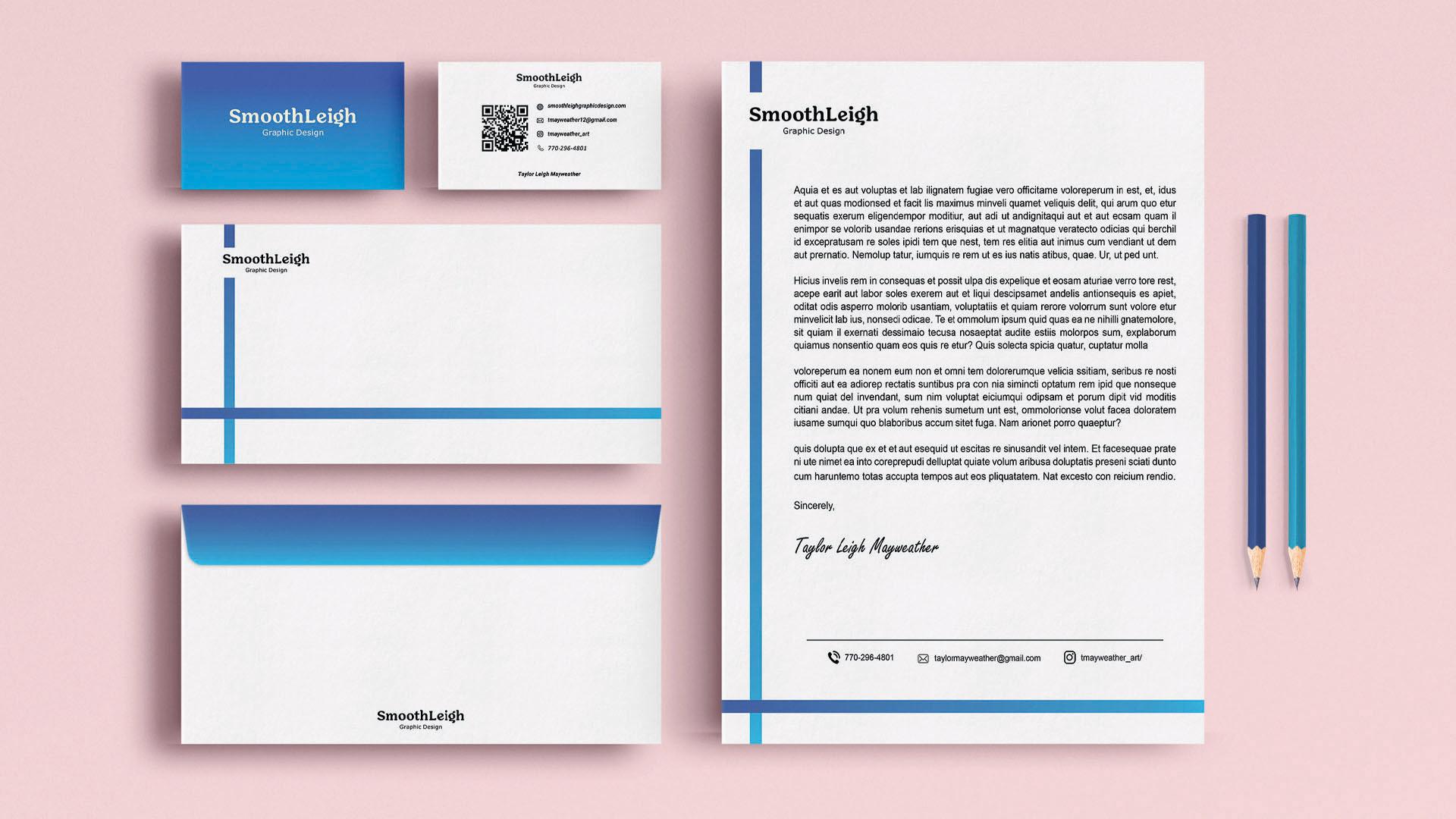 SmoothLeigh Graphic Design / "SmoothLeigh Graphic Design," stationery set of my personal brand, business card: 3.5 x 2 inches, envelope: 4.125 x 9.5 inches, 