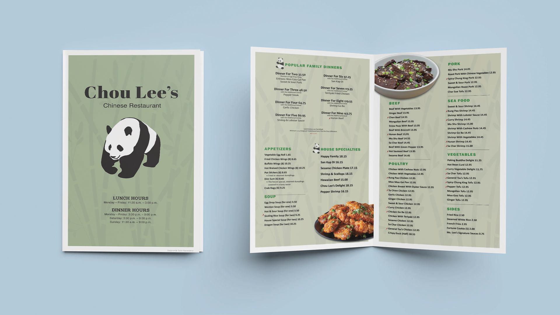 Chou Lee’s Menu / "Chou Lee’s Menu," restaurant menu, 8.5 x 14 inches print product, 2023. This menu redesign focuses on improving readability and highlighting key items to enhance the dining experience. 