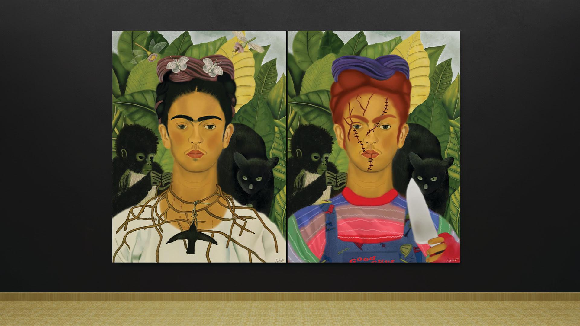Frida Repaint and Open Interpretation / "Frida Repaint and Open Interpretation," digital repaint of master painting, 10 x 15 inches digital print product, 2020. These digital paintings offer a reinterpretation of Frida Kahlo's artwork, adding a creative twist with a Chucky cosplay theme.