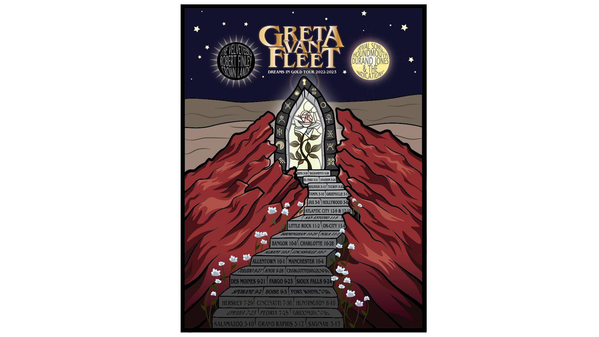 Dreams In Gold Tour  / “Dreams In Gold Tour,” poster concept, 18 x 24, 2023. This poster includes the U.S. tour dates for Greta Van Fleet’s Dreams In Gold Tour. It is meant to be a collectible/memorabilia poster for fans. 