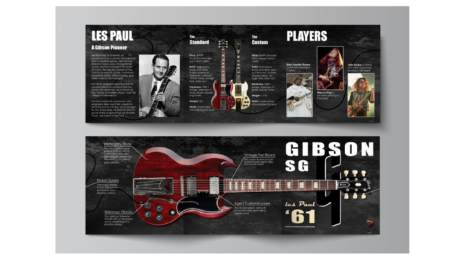 Gibson SG 1961 Reissue  / “Gibson SG 1961 Reissue,” tri-fold info brochure, 8 x 8 (folded), 24 x 8 (unfolded), 2023. This brochure provides information on the reissued 1961 Gibson SG guitar. The brochure also opens into a poster. 