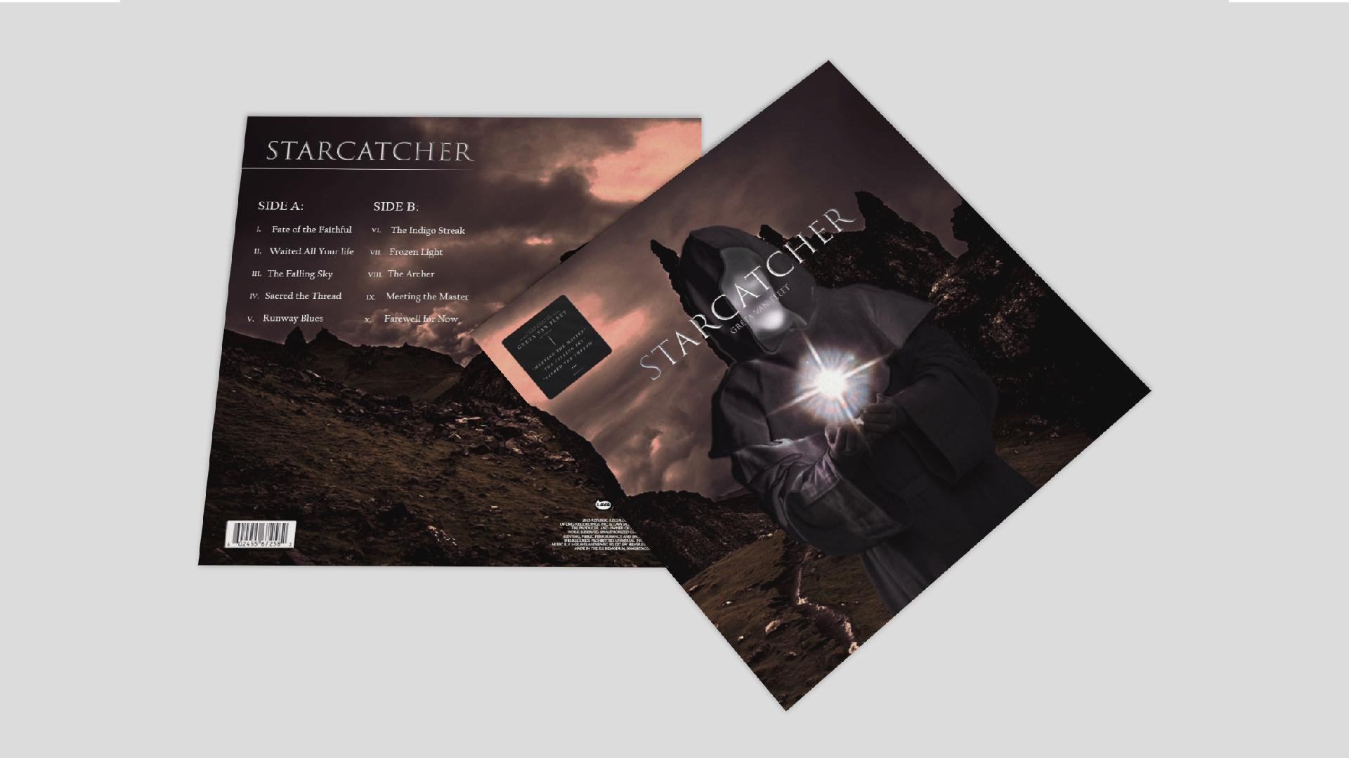 “Montooth Designs,” logo, 2024. This logo was created for my own personal branding.  / “Starcatcher by Greta Van Fleet,” album redesign, 12 x 12 vinyl cover, 2023. This album cover is a redesign of Greta Van Fleet’s Starcatcher album cover. 