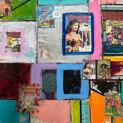  / This is a primed canvas oil painting and collage piece called wonder woman! I just wanted to show a powerful symbol of a woman. 