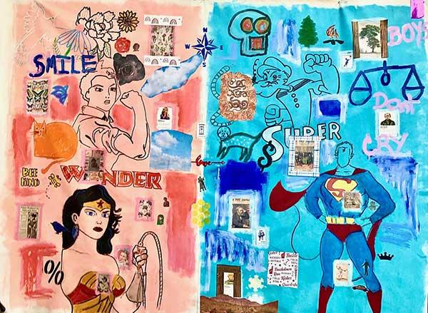  / A large unprimed canvas that shows the imagery associated with women and men. 