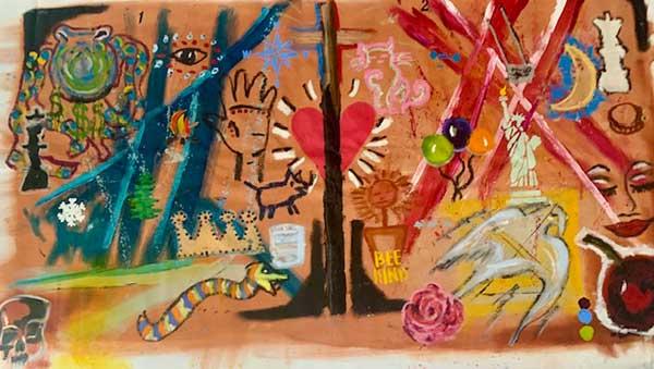  / a large unprimed canvas multimedia piece that uses symbols to explore gender stereotypes. 