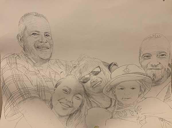  / "Family" is a drawn family portrait using graphite and paper. The reference is multiple images cropped together using Canva.com. 
