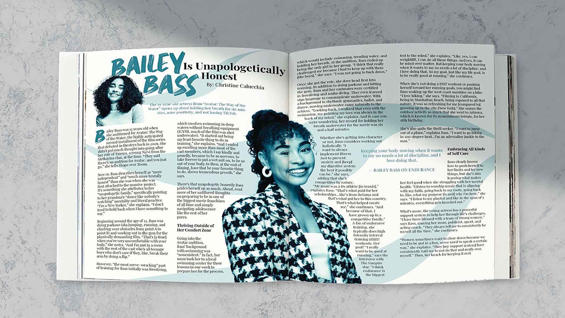 Bailey Bass Spread  / “Bailey Bass Spread”, magazine spread design, 17 x 11 inches, 2023. This was a magazine spread design based around an article about actress Bailey Bass. 
