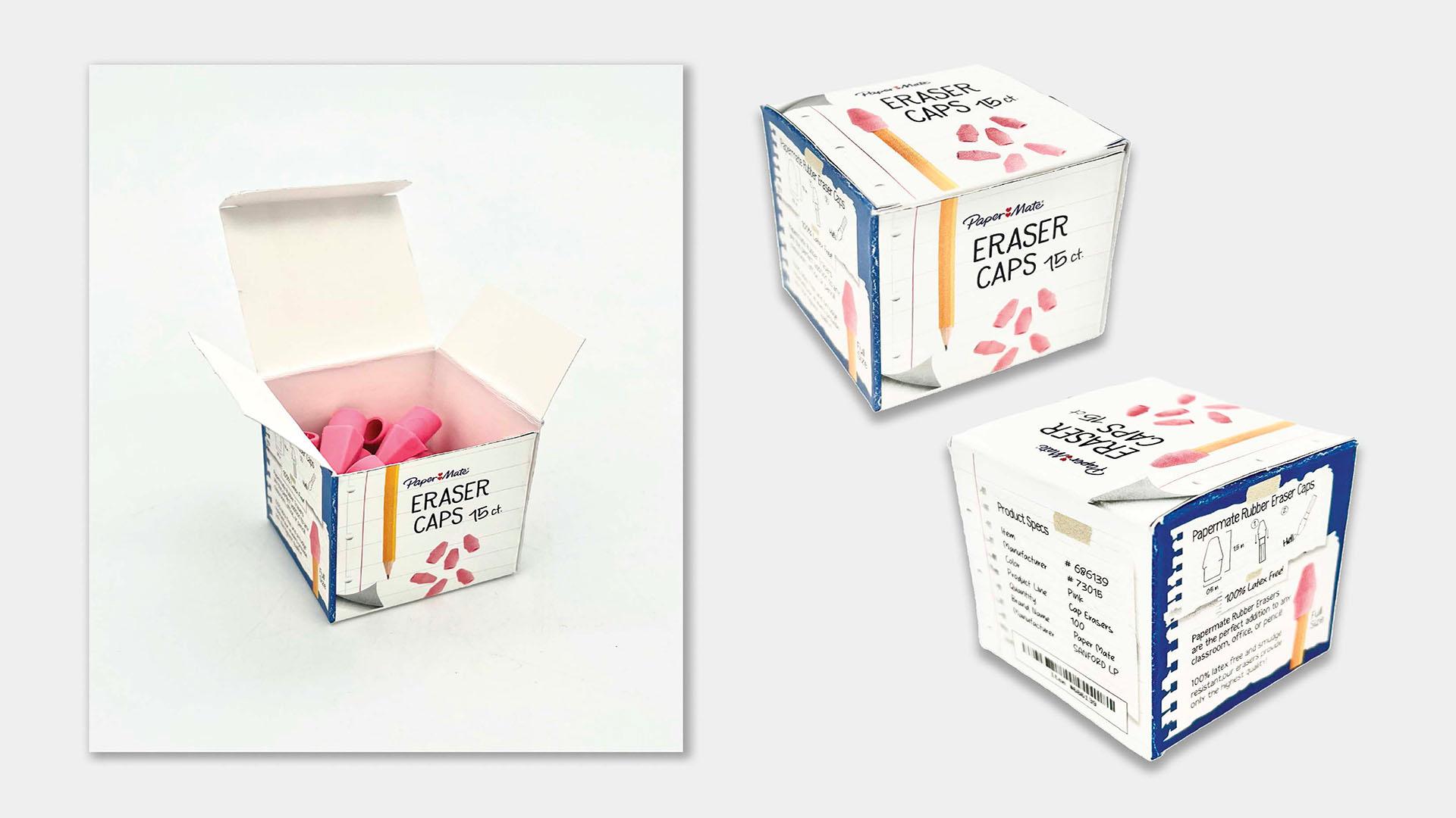 Eraser Cap Box  / “Eraser Cap Box”, package design, 4 x 4 inches, 2024. This is a package designed and assembled for a brand of eraser caps targeted to school children and teachers. 