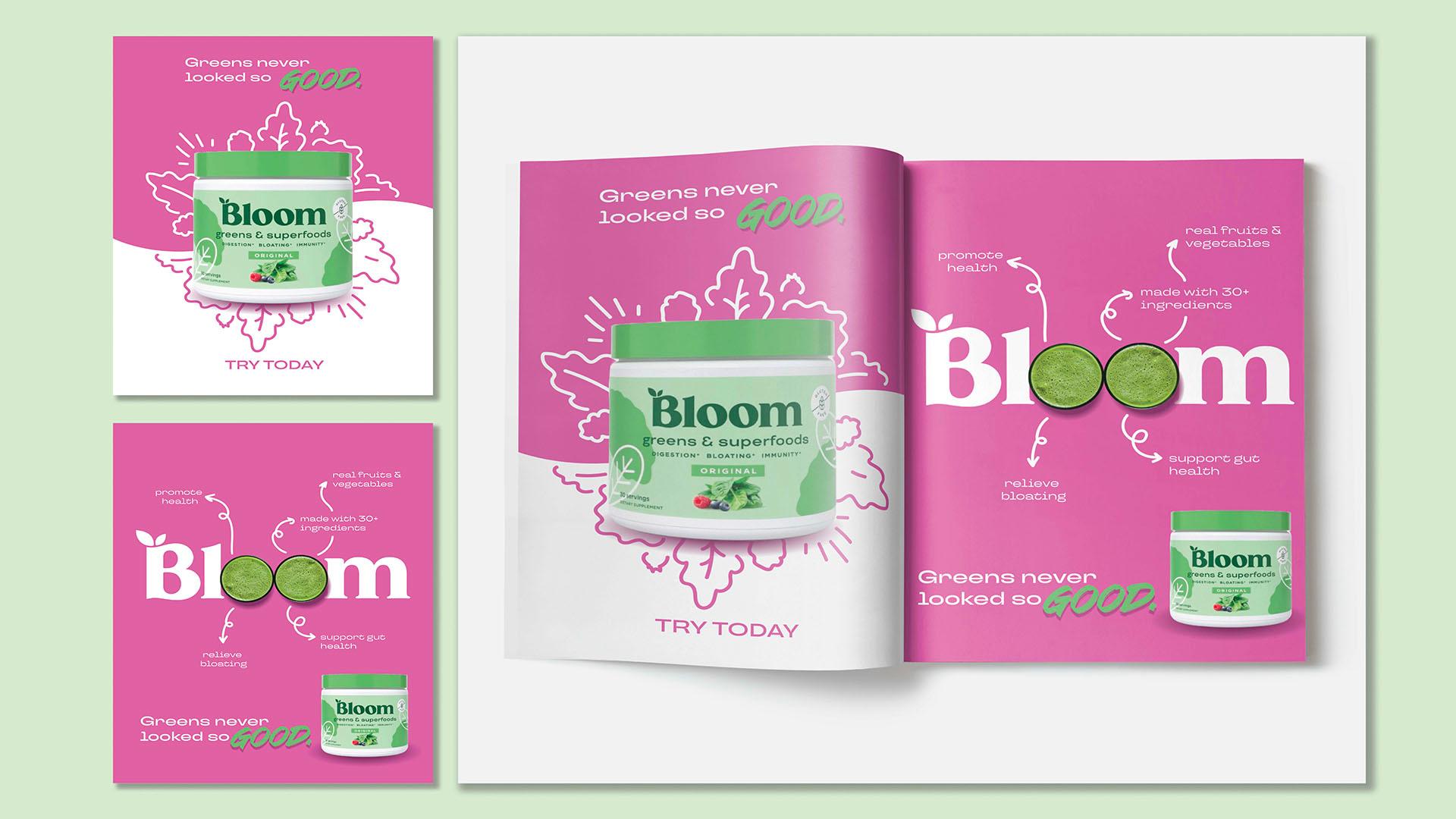 Bloom Greens Ad  / “Bloom Greens Ad”, magazine ad design, 17 x 11 inches, 2023. This was a series of two magazine ad designs for the product, Bloom Greens. 