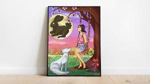 The Girl, The Wolf, and The Hare on The Moon  / “The Girl, The Wolf, and The Hare on The Moon,” Digital illustration, 7.5x10.5 inch, 2022. This illustration is a personal interpretation of the “Moon Rabbit” legend of Chinese mythology 