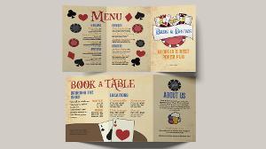 Bros & Brews Brochure  / Brochure, 12x7 inch, 2022. Brochure for a fictional restaurant that displays the menu, locations, and specialties 