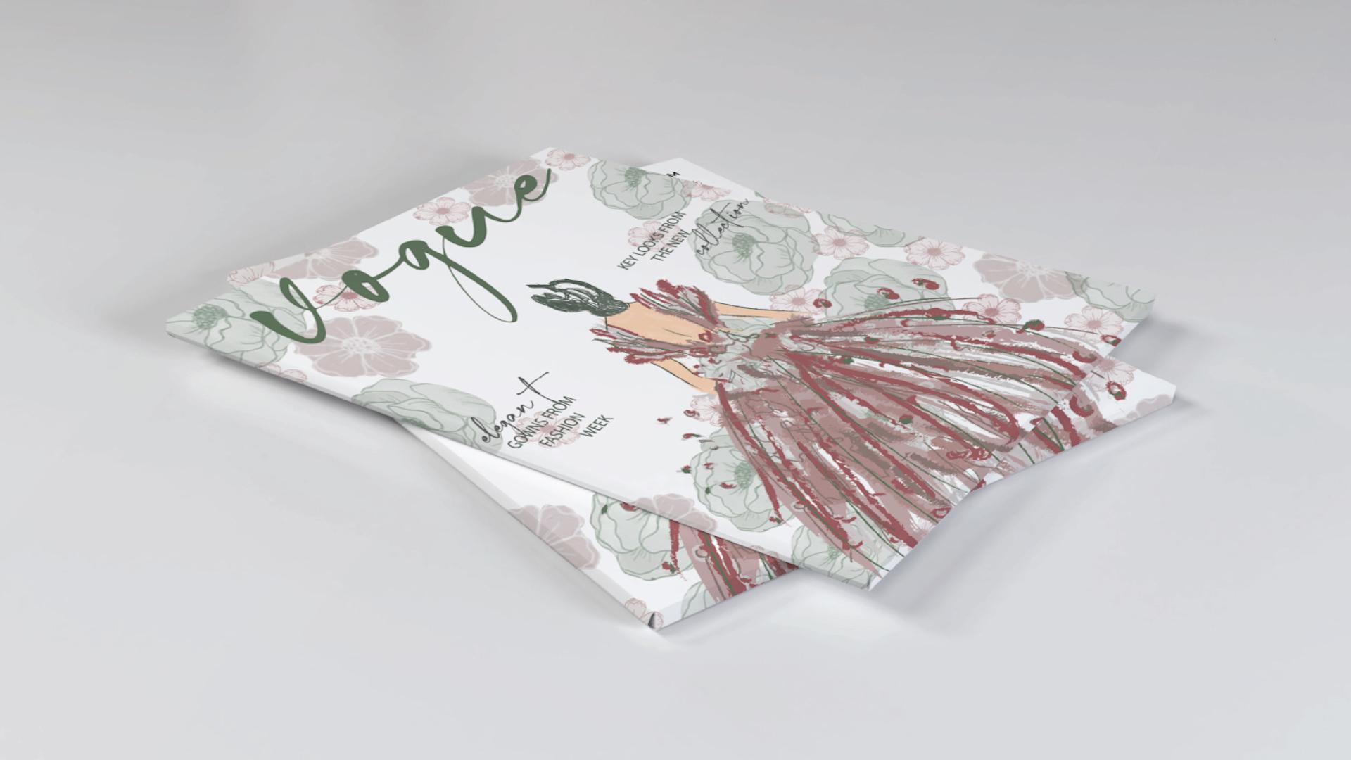 Vogue   / “Vogue,” illustrated magazine cover, 8.5 x 11 inches, print, 2022. This magazine cover displays the elegant illustrated redesign of the popular magazine, “Vogue.”  