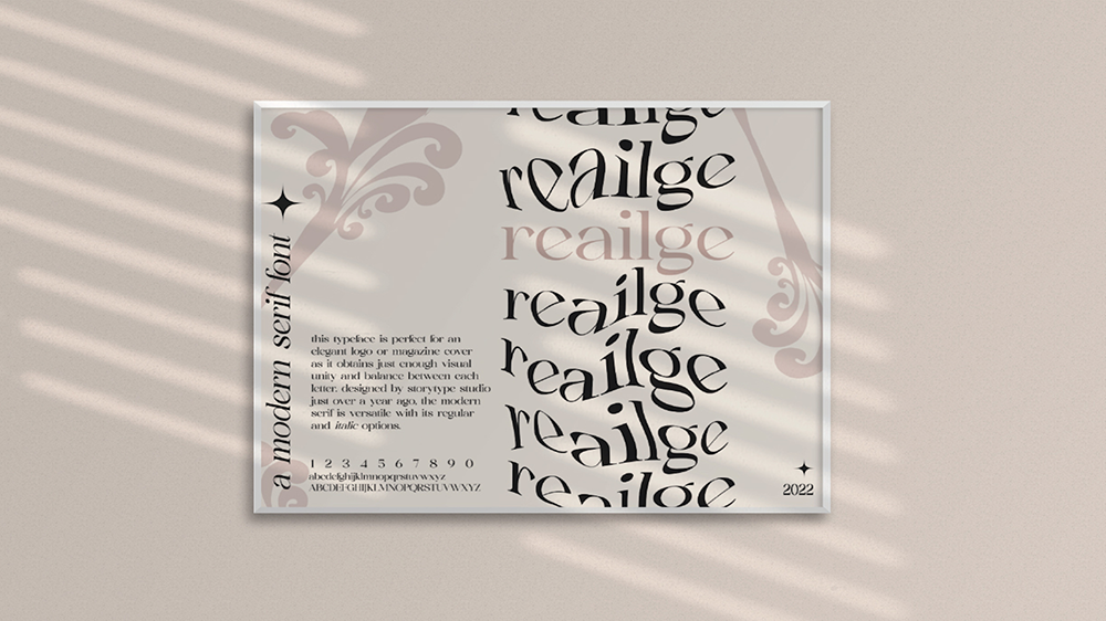 Reailge   / “Reailge,” font homage poster, 8.5 x 11, print 2023. This font homage poster displays the technical details of the provided typeface.  