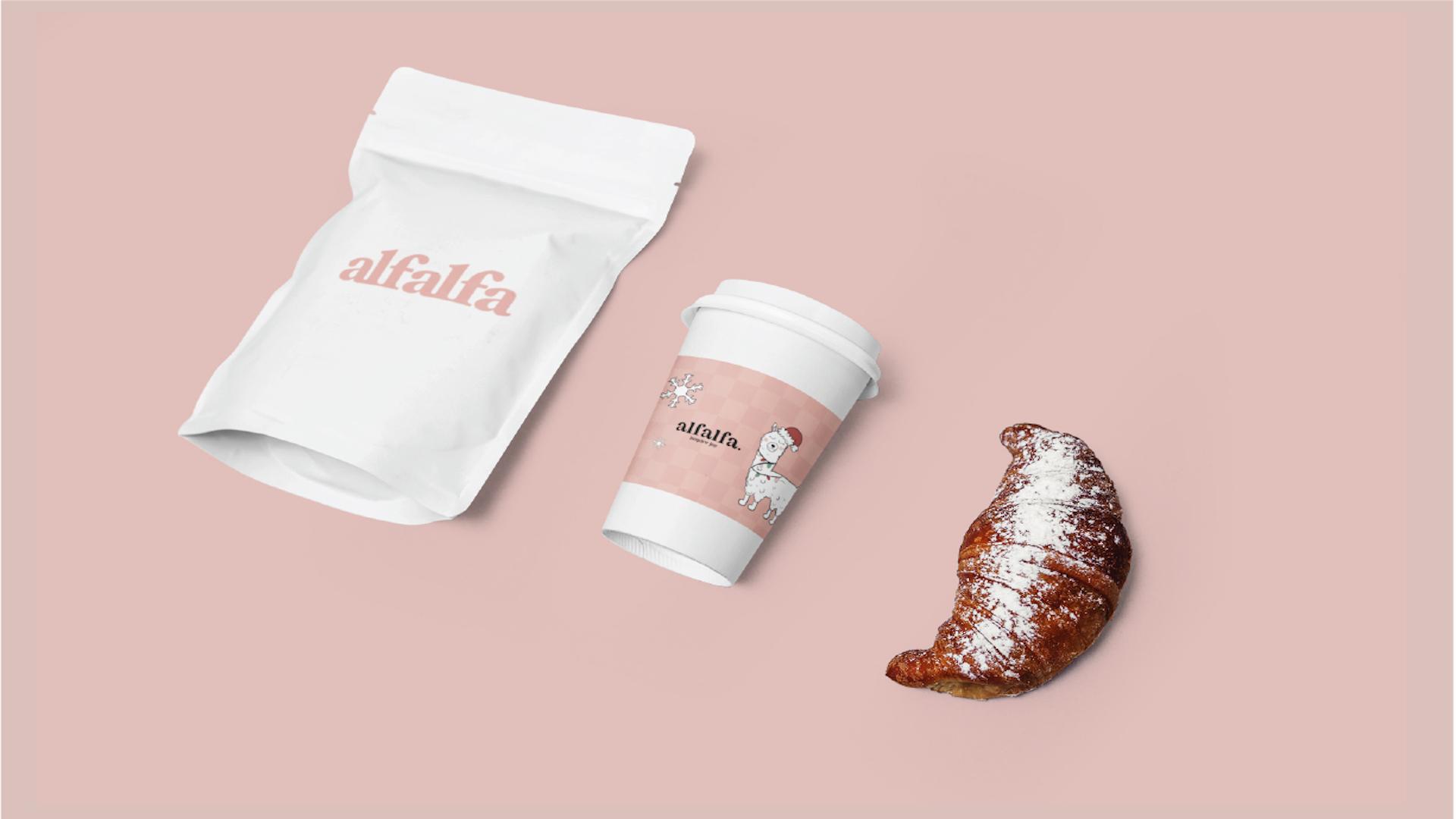 Alfalfa   / “Alfalfa,” packaging design, 10.26 x 10.26 inches, product, 2023. This product mockup displays the coffee cup sleeve design.  