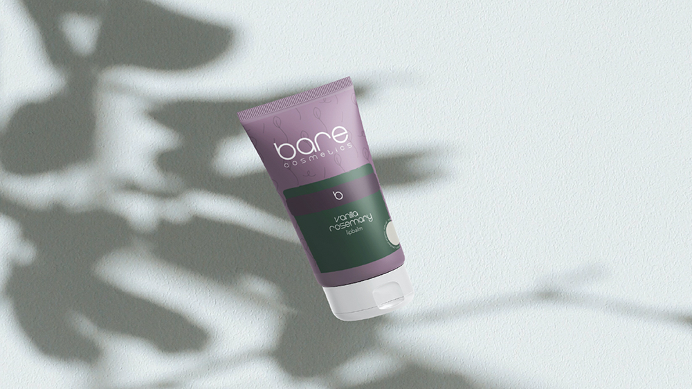Bare Cosmetics   / “Bare Cosmetics,” packaging design, 5.21 x 8.33 inches, product, 2023. This product mockup displays the design for the company’s lipbalm.  