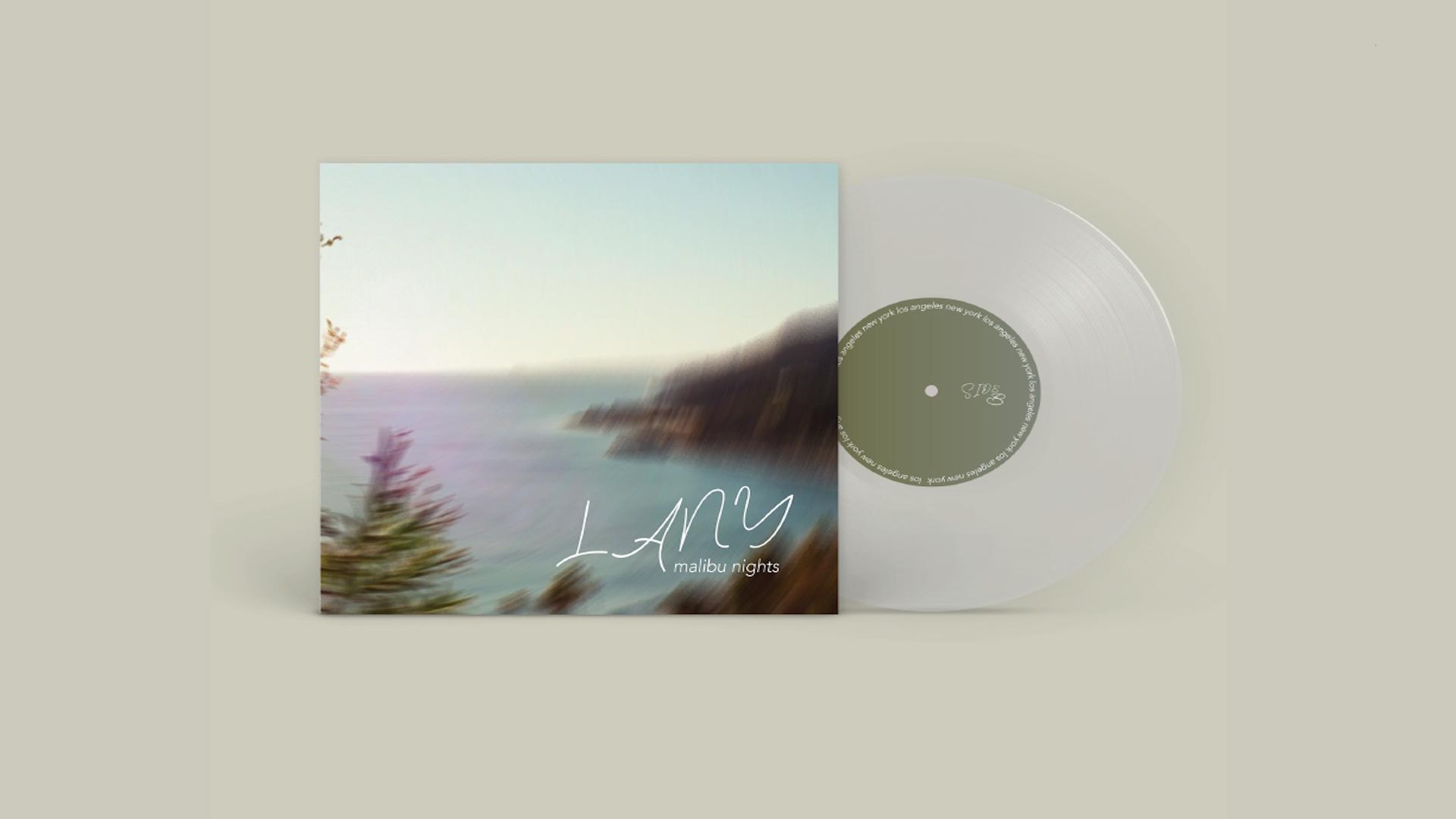 LANY Malibu Nights   / “LANY Malibu Nights,” record cover design, 12.5 x 12.5 inches, print 2023. This product mockup displays the redesign for band “LANY” album.  