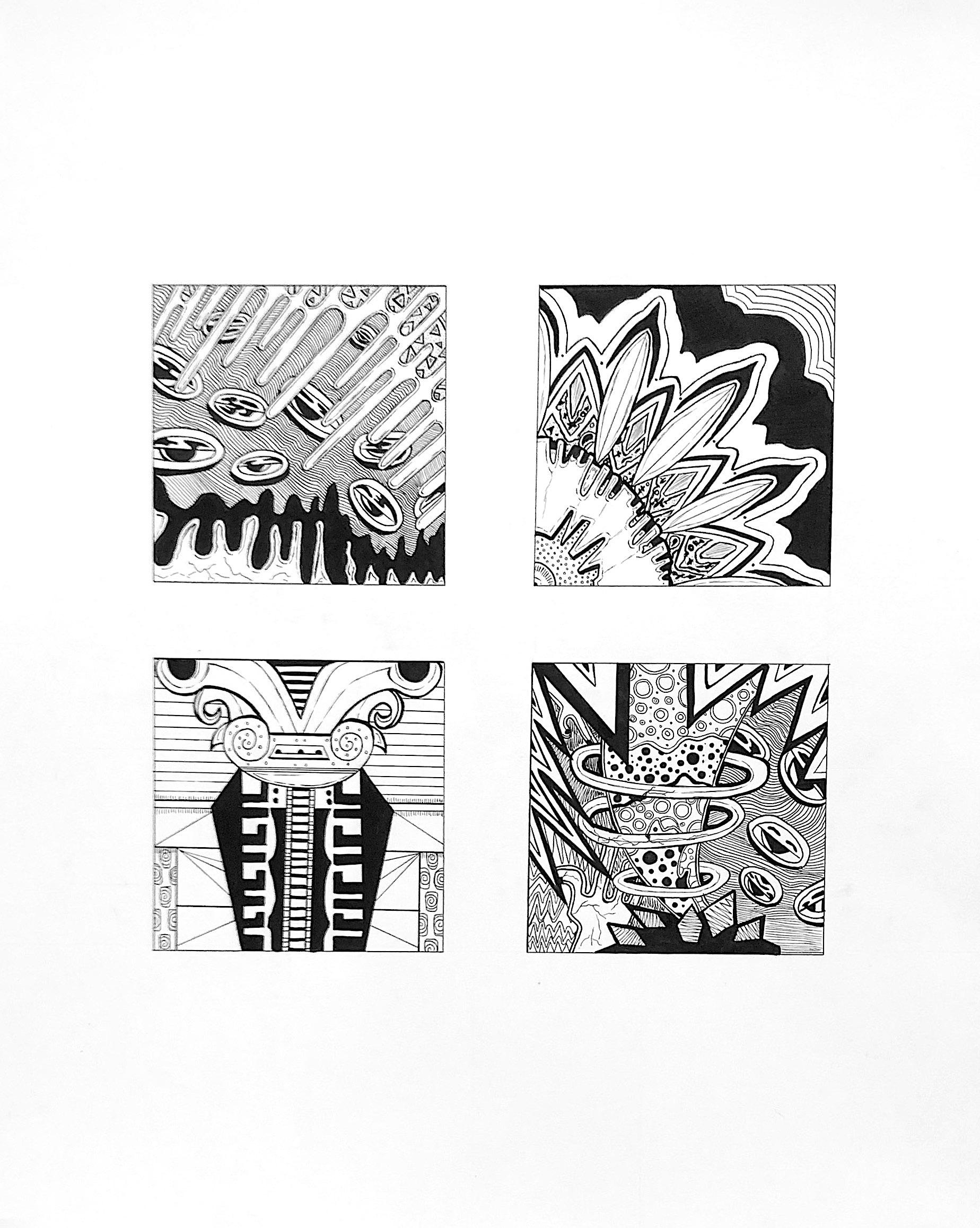 Jared Soto  / Jared Soto "Doodle" 4x4" squares, tech pen on Bristol, the goal was to use line doodles to crop and edit to demonstrate types of balance (symmetry, asymmetry, radial, or crystallographic 