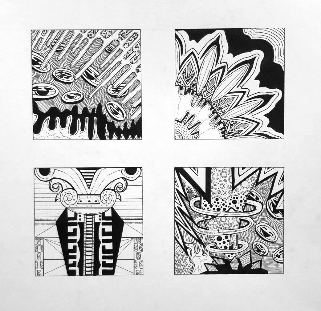 Jared Soto, Doodle Project  / Jared Soto, Doodle Project, 14x17" on Bristol board, tech pen, 2023, creating different examples of balance from line doodle sketches 