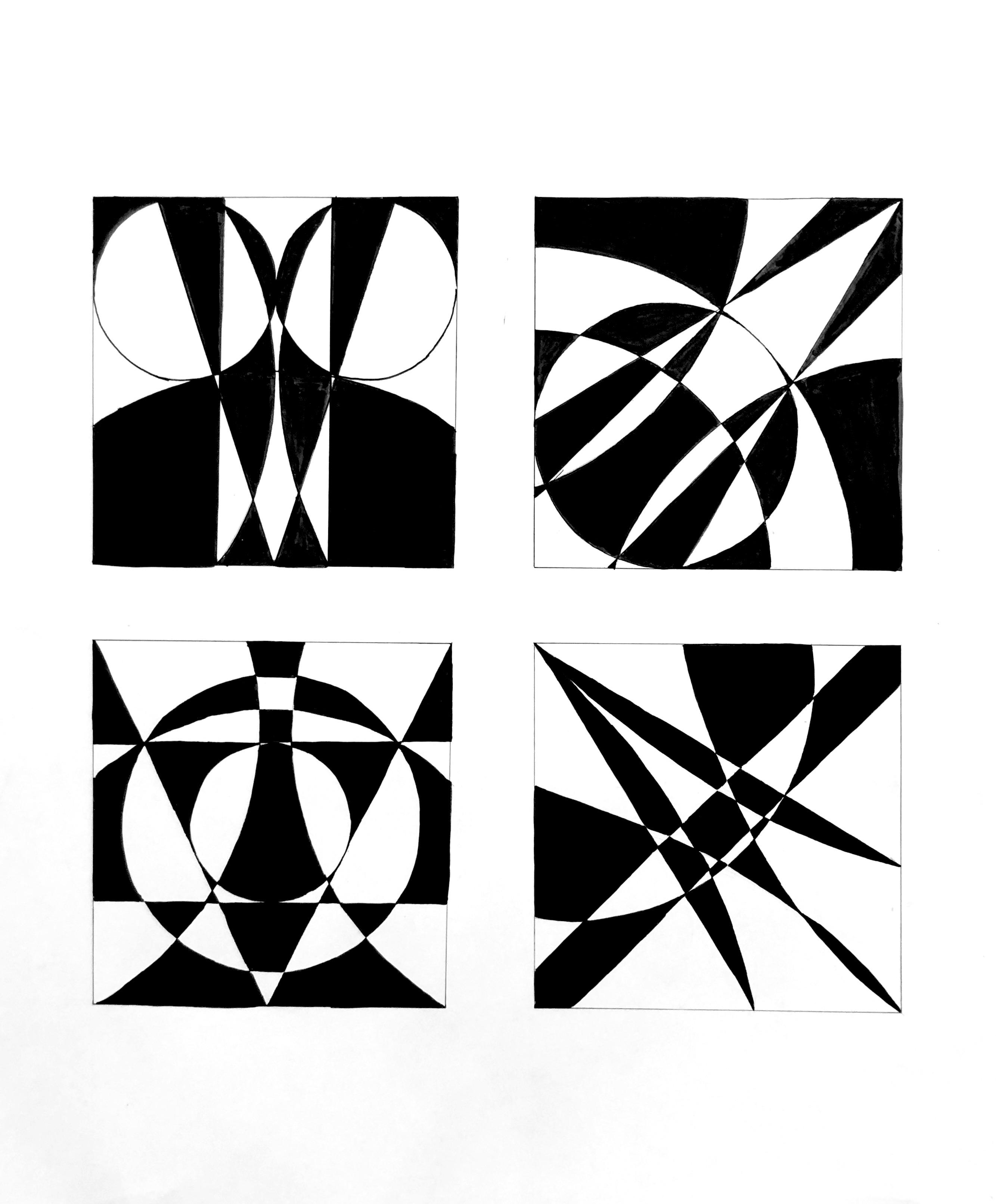 Jacob Bass  / Jacob Bass "Four Arrangements" 5x5" squares, tech pen on Bristol, fall 2023, the goal was to create 4 unified designs utilizing only 1 rectangle, 1 triangle, and 5 circles. Students were to arrange the shapes while demonstrating unifying principles. 