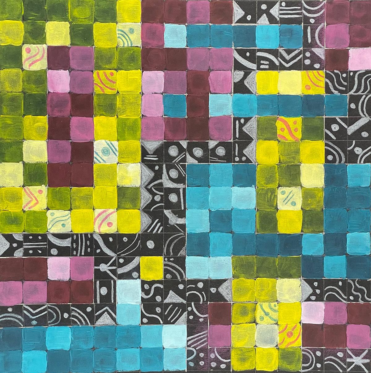 Ramanda Miller  / Ramanda Miller,Triadic color scheme, 8x8, Inches Acrylic and colored pencils on black paper,Fall 2023. 