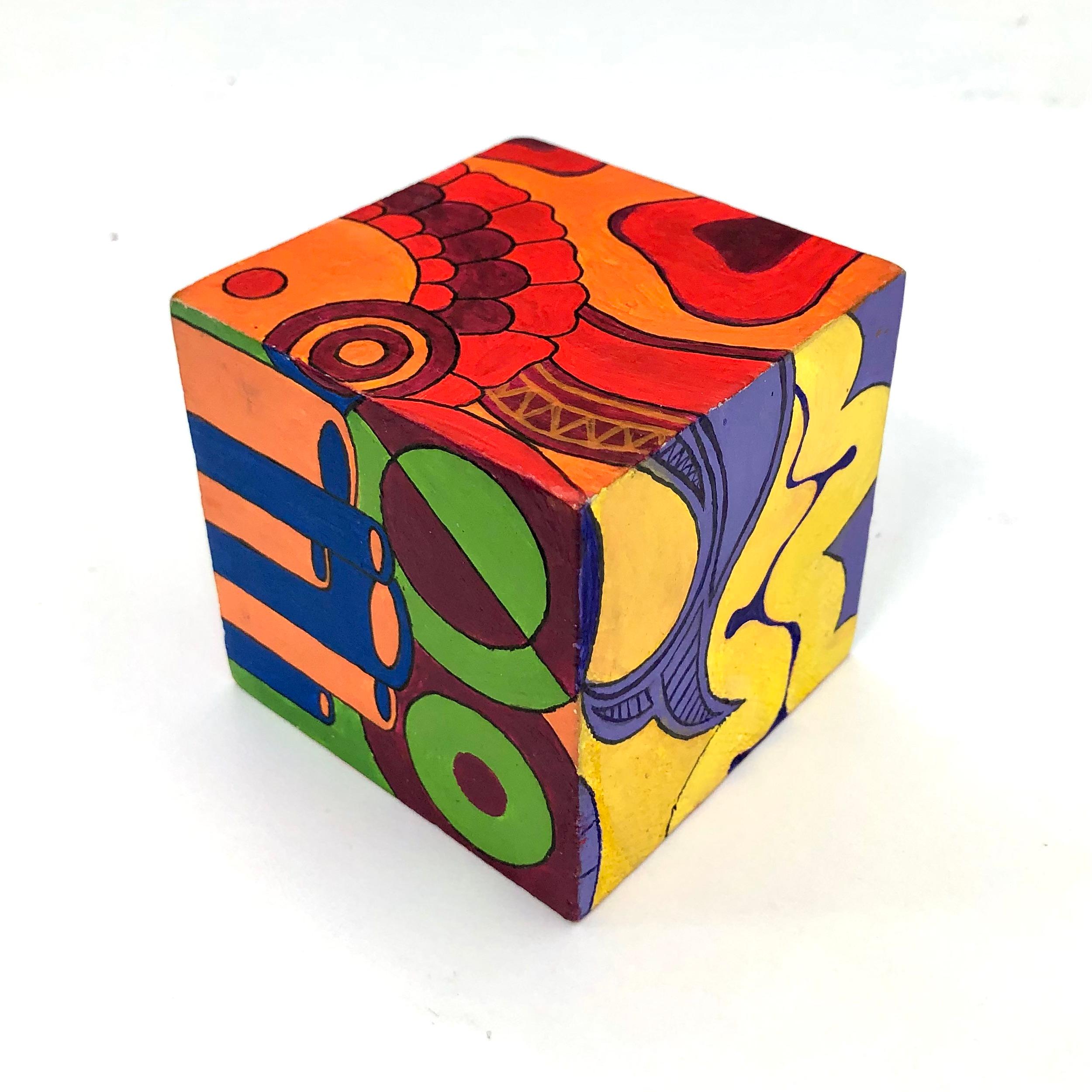 Amanda Wallace  / Amanda Wallace, "Color Scheme Cube Design" acrylic paint and paint marker on 3" craft cube. The goal was to create a continuous, ongoing design while presenting a different one of the 6 color