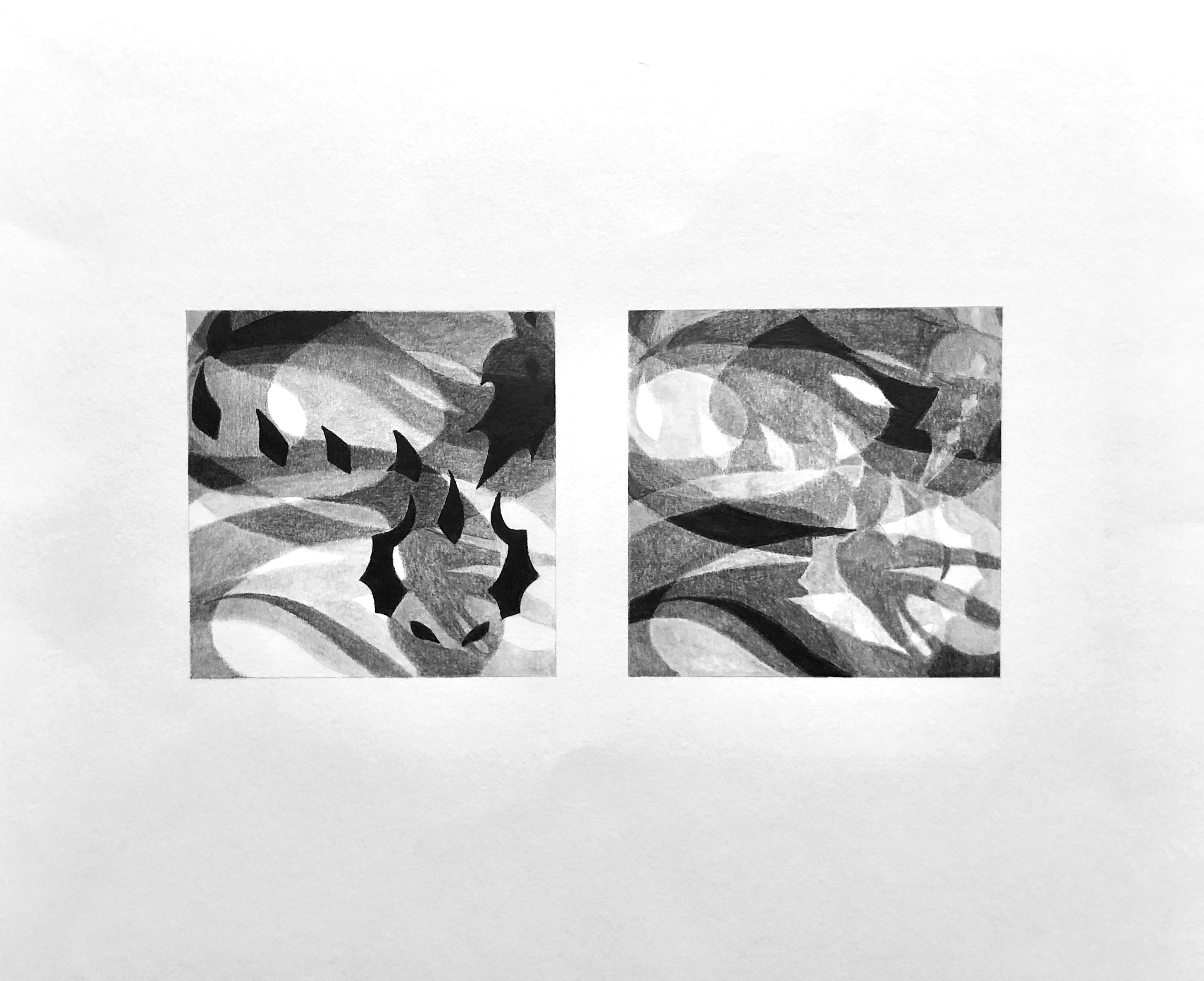 Jane Mera  / Jane Mera, "Visual Hierarchy" 5x5" squares, graphite on Bristol, the goal was to use value (light & dark) to shift emphasis and hierarchy within identical designs. 