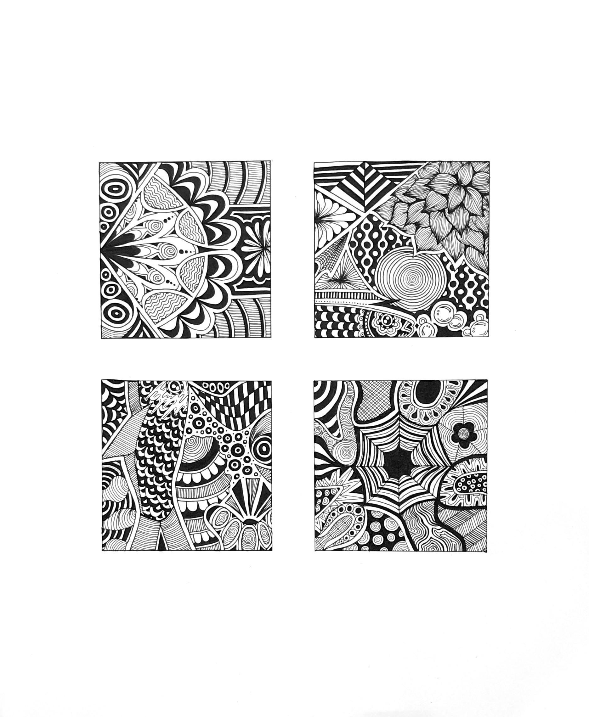 Sydney Bragg  / Sydney Bragg "Doodle" 4x4" squares, tech pen on Bristol, the goal was to use line doodles to crop and edit to demonstrate types of balance (symmetry, asymmetry, radial, or crystallographic) 

