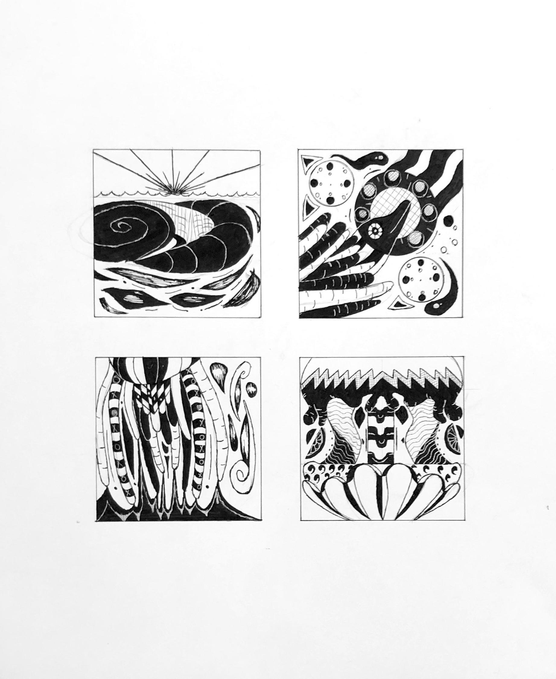 Charles Madu  / Charles Madu "Doodle" 4x4" squares, tech pen on Bristol, the goal was to use line doodles to crop and edit to demonstrate types of balance (symmetry, asymmetry, radial, or crystallographic 