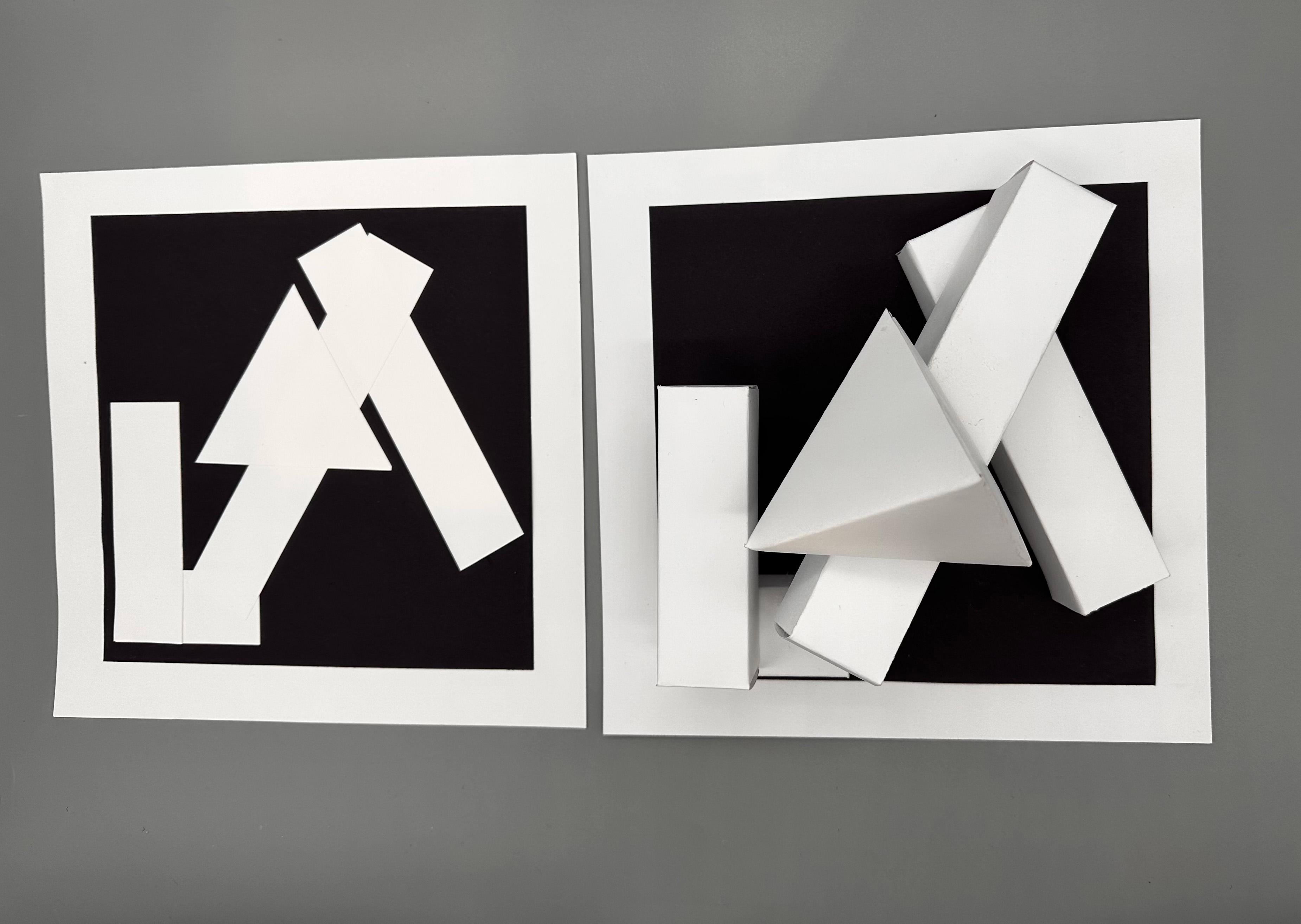 Kelly Torres  / Kelly Torres- Shape Design with Form and Contrast. 2-D interpreted as 3-D in photo. Completed 2023. Cardstock 6"x11"x11" 