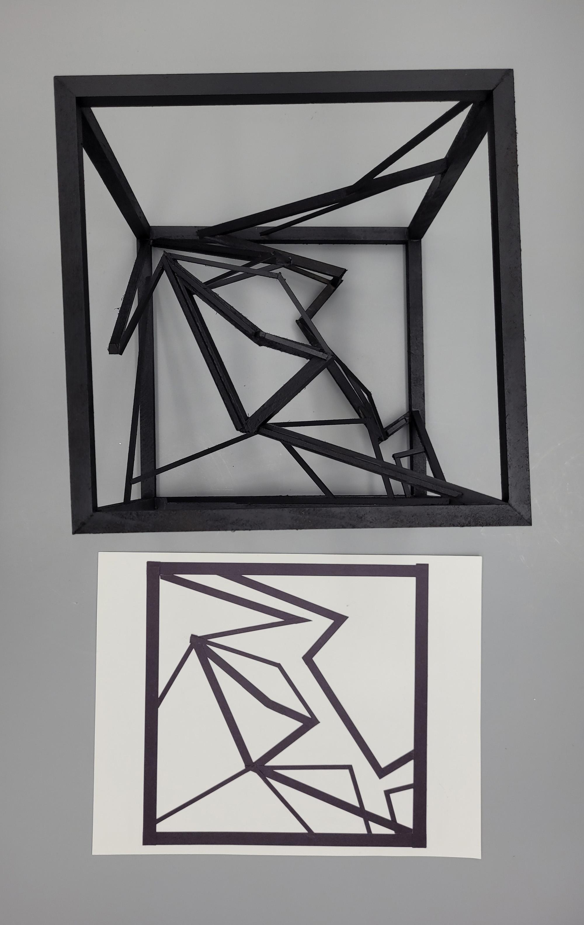 Jessie Beavers  / Jessie Beavers Line Design and Wooden Cube. Basswood - 8"x8"x8". Top view comparing 2-D to 3_D. Completed 2023. 