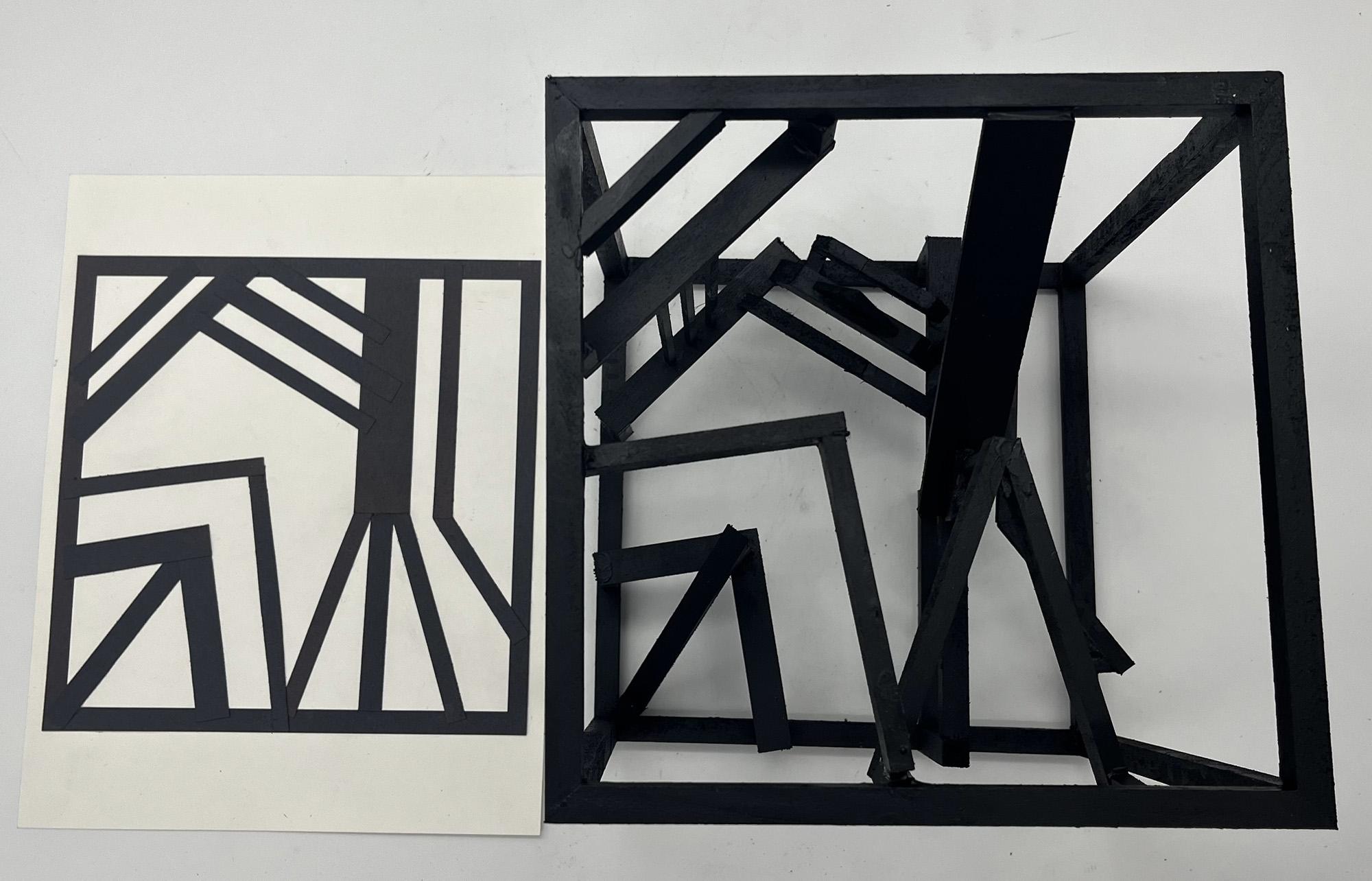 Katie Clark  / Katie Clark- Line Design and Wooden Cube. 2-D compared to 3-D view. Basswood - 8"x8"x8". Completed 2023. 