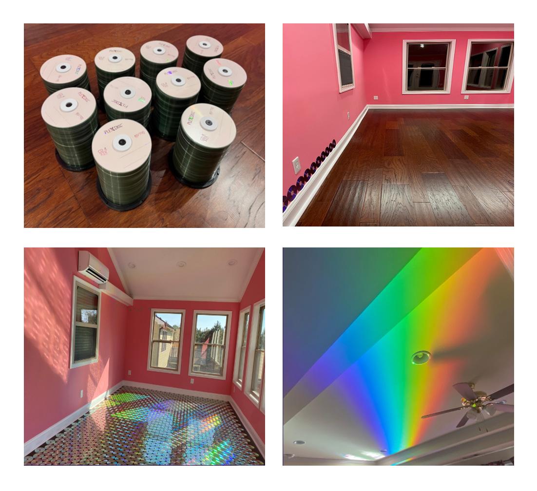 Sandhya Sharath  / Sandhya Sharath, interior room transformed with a flooring of CDs that project everchanging rainbows as lighting changes, the goal of the site-specific installation was to visually transform a space with conceptual purpose 
