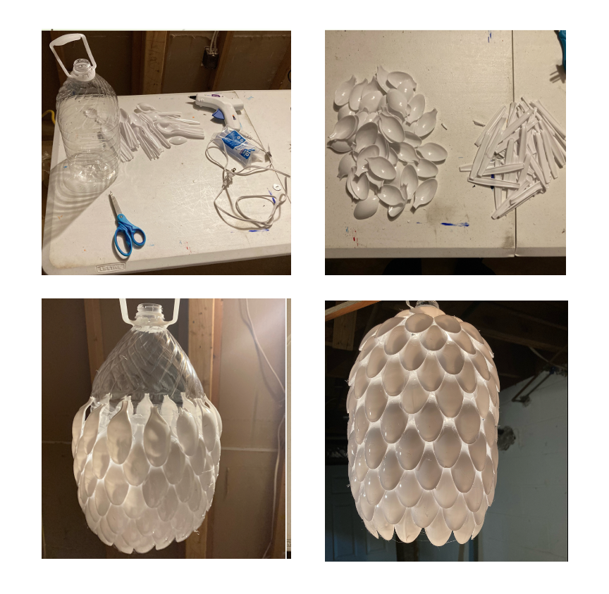 Justin Moorman  / Justin Moorman, water bottle and plastic spoons made into a light fixture, goal of the project was to reuse common items to make a newly functional item or art piece Ryan Murphy, Artist Alchemy, 30 x 24, Cotton & Paint, Fall 2023, Concepts ,• Alchemy is the art of transformation, inner liberation, and change. Existing in a state of enlightenment, or soulful awareness, is the ultimate state of transformation – the gol 