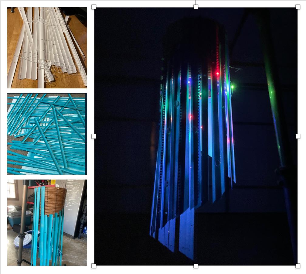 Tara Reeves  / Tara Reeves, window blinds, beads, gym equipment made into lighting fixture, goal of the project was to reuse common items to make a newly functional item or art piece 