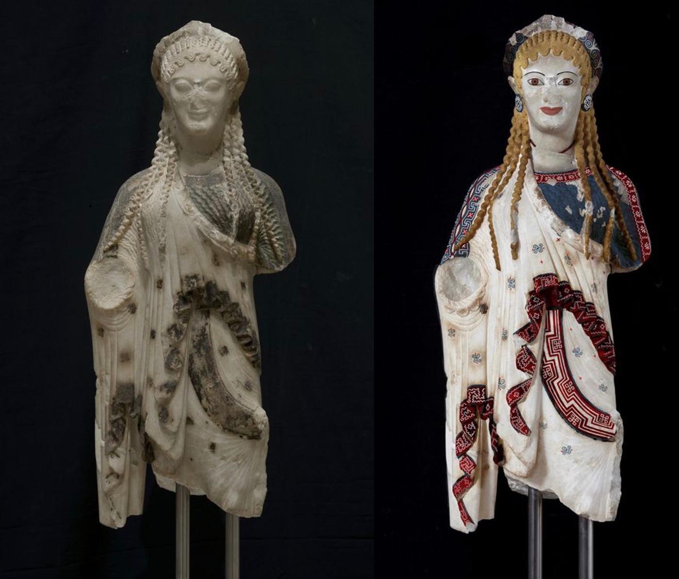 Aether Bosarge - Image 1  / Statue of a Kore, Kore from Chios, Attic Workshop. Around 510 BCE. Marble. 0.545 m/1’7”. Acropolis Museum, Athens, Greece. (Polychrome recreation by Acropolis Museum).  