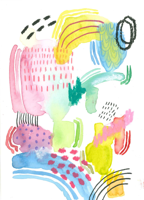 Abstract watercolor painting with colorful shapes in pink, yellow, blue, green, and black / This painting is an abstract watercolor painting that I created as an example for my teacher art club. 