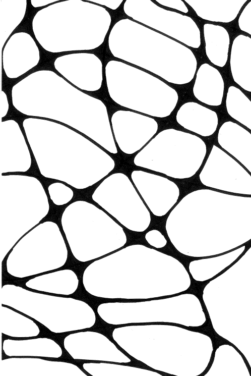 Abstract black and white pattern with irregular, interconnected shapes.  / This drawing is an example of neurographic drawing that I created with the members of the teacher art club. Neurographic art is a form of art therapy where mindfulness is used to "round out" any sharp corners to release stress and create an abstract work of art.