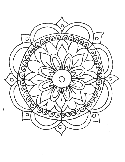 Black and white mandala with symmetrical, intricate patterns and a central circular motif.  / This drawing is a drawing of a mandala that I created to model for academic teachers how to create a mandala during the teacher art club.  