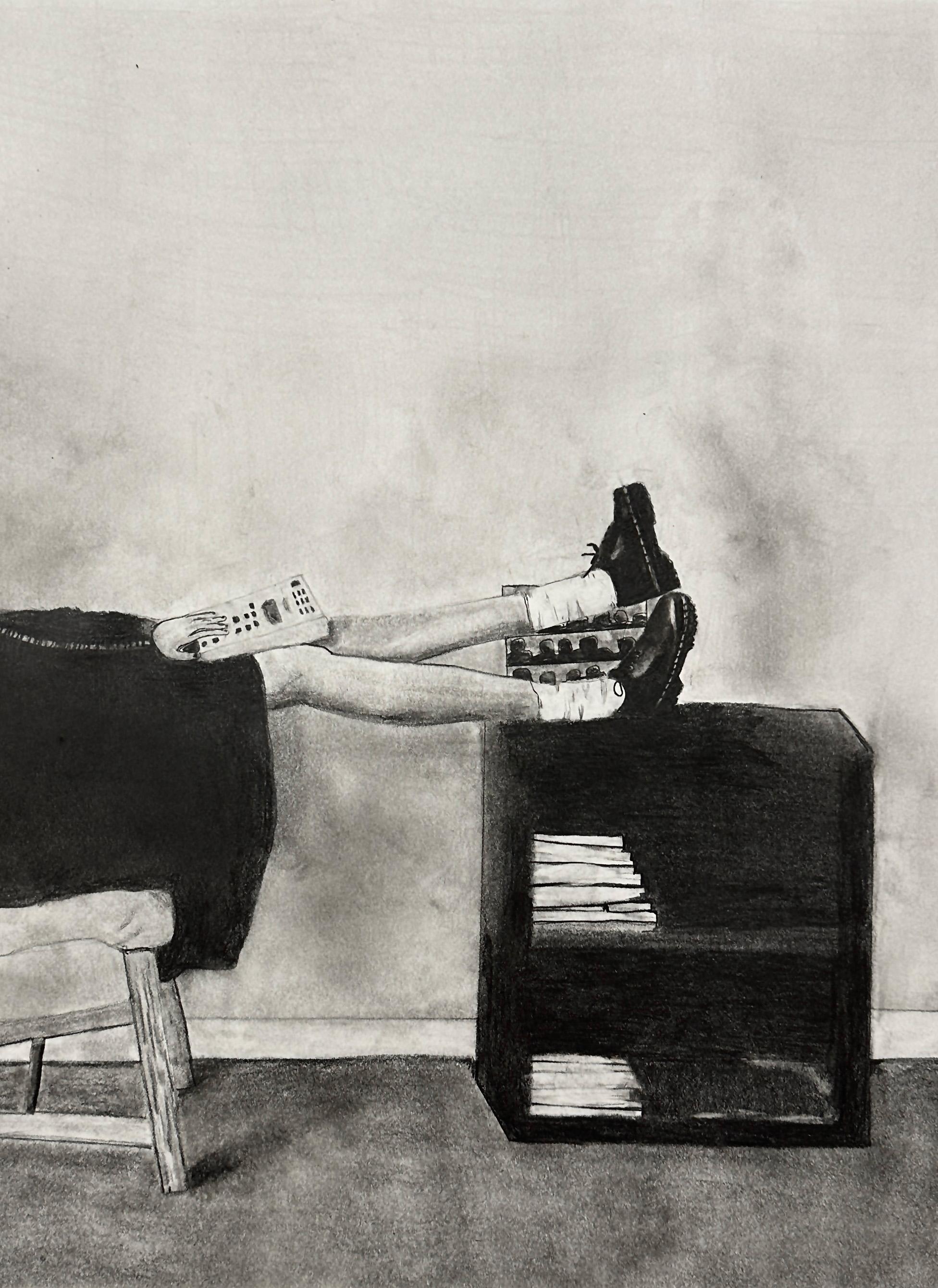 Cade Payne  / Cade Payne, Capstone Project (still life, perspective, language, half figure, personal symbol), 24x18", pencil and charcoal on paper 