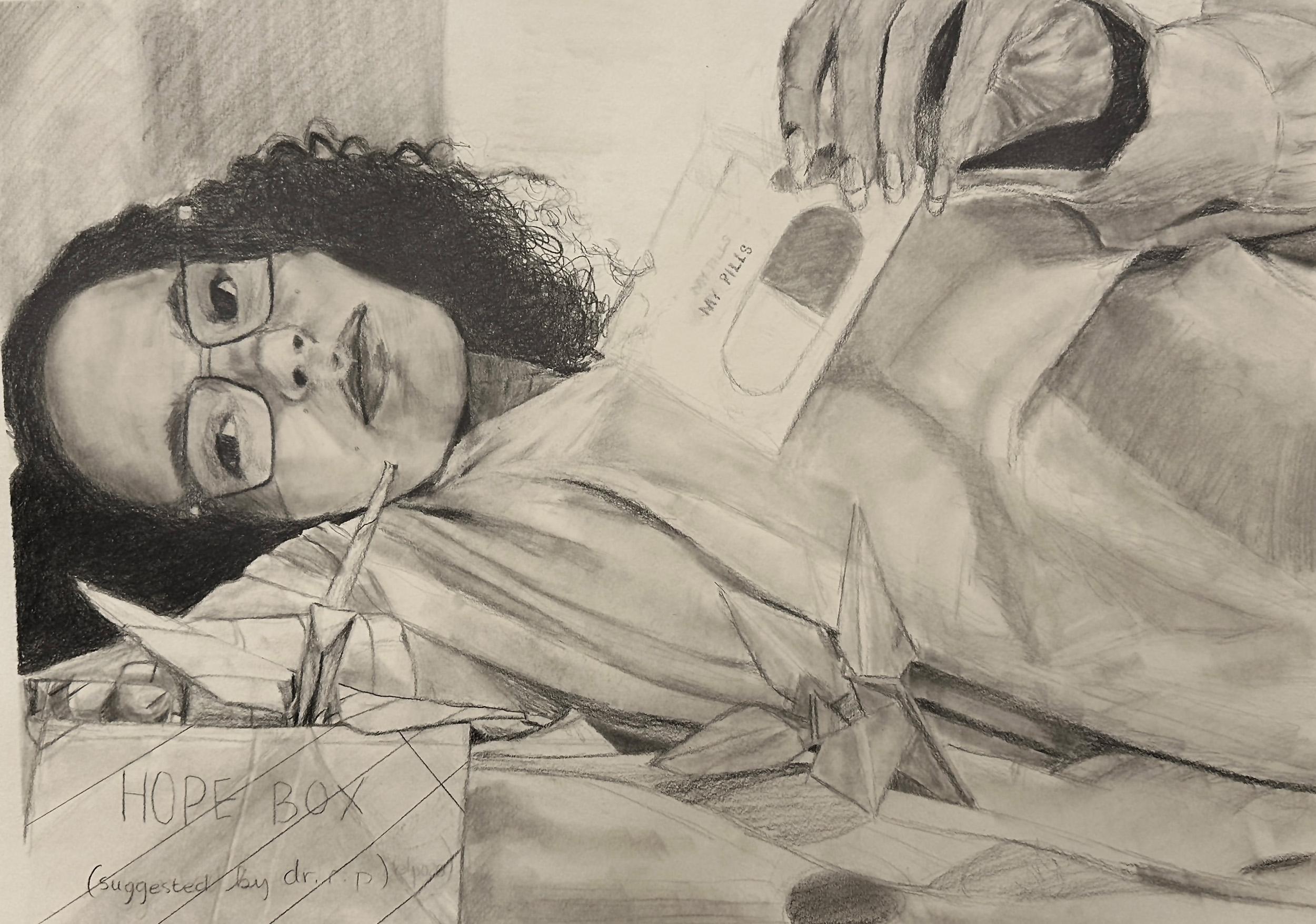 Katarina Culver  / Katarina Culver, Capstone Project (still life, perspective, language, half figure, personal symbol), 18x24", pencil on paper 
