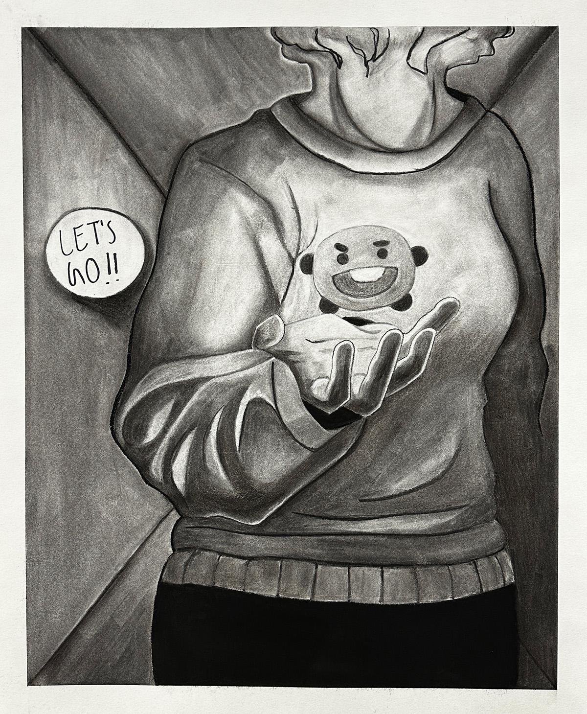 Jasmine Clark  / Jasmine Clark, Capstone Project (still life, perspective, language, half figure and personal symbol), 24x18", pencil and charcoal on paper 